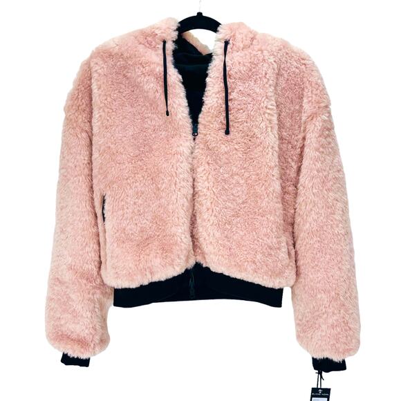 BLANC NOIR JACKET Women's Size XS Pink Black Faux Shearling REVERSIBLE HOODED - Picture 5 of 9